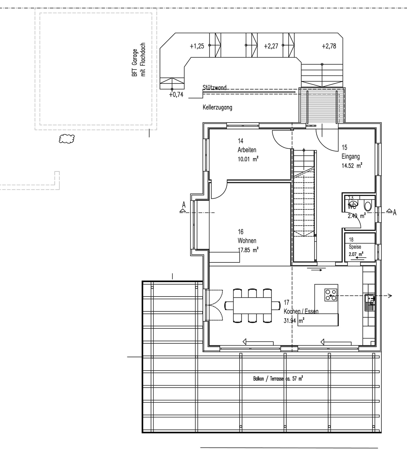 Der Grundriss des EGs des Modernen Holzkubuses am Hang mit Holzfassade