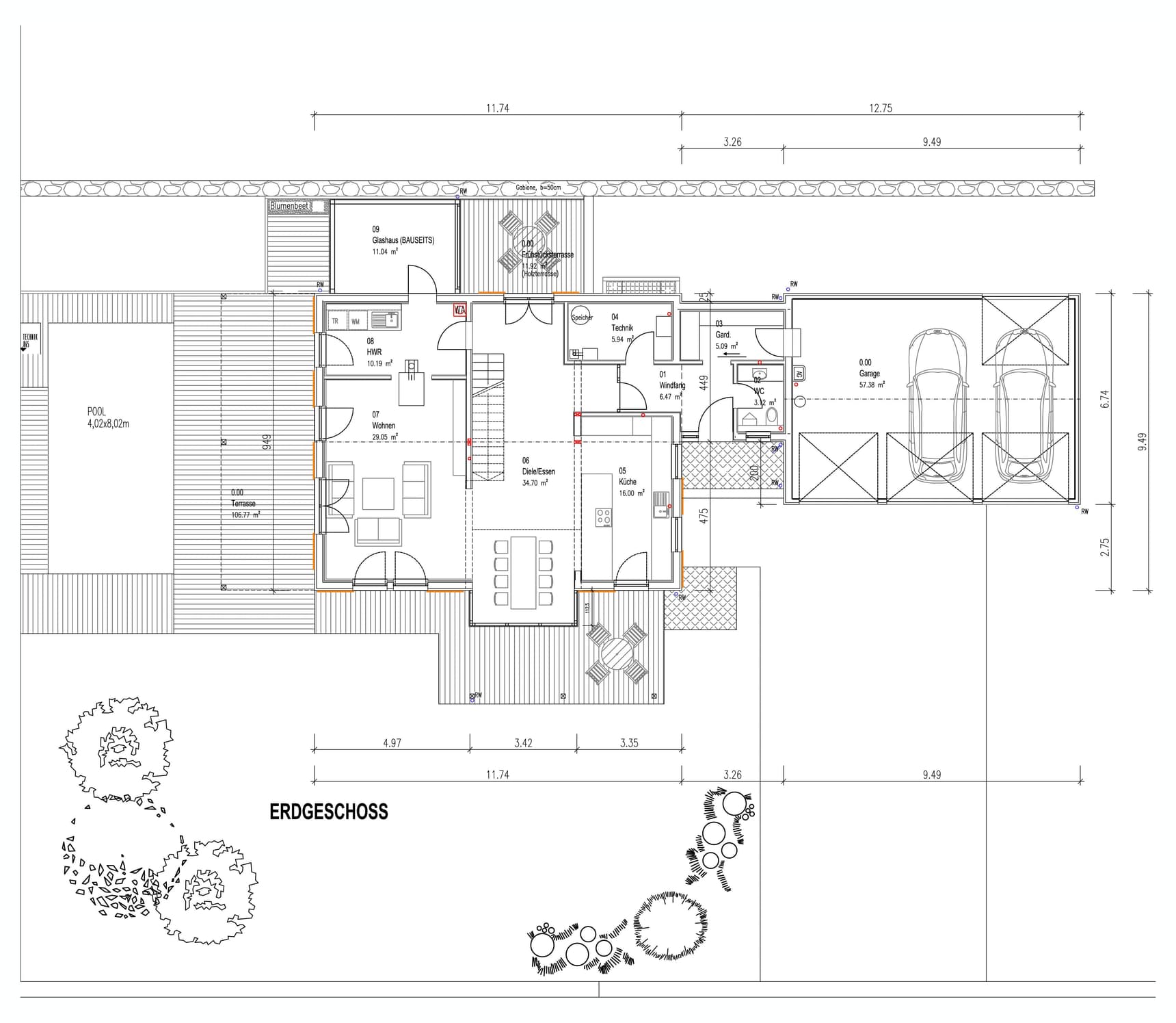Der Grundriss des EGs des modernen Holzhauses mit Mischfassade aus Holz und Putz und komfortabler Ausstattung