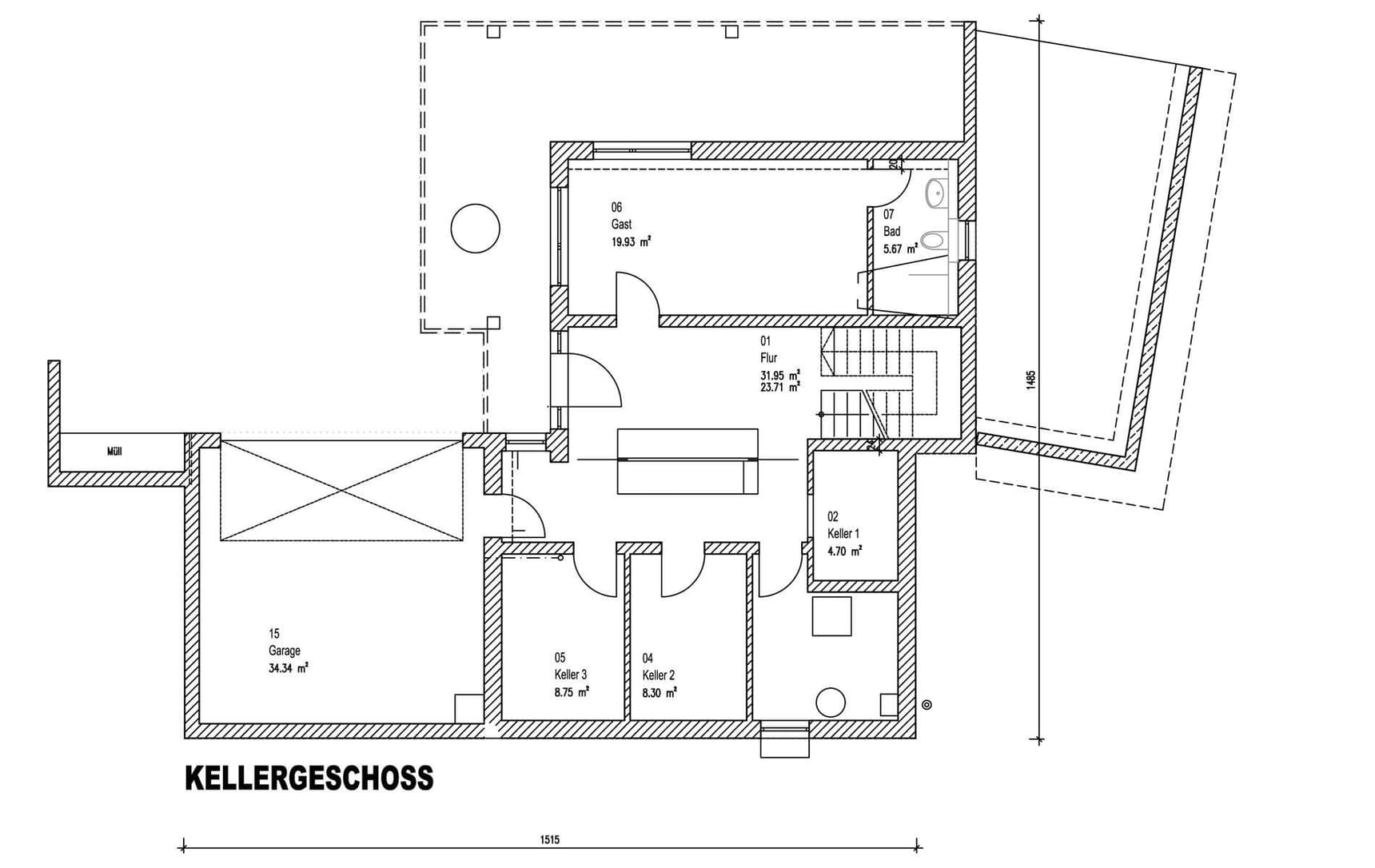 Der Grundriss des DGs des modernen Holzhauses im Bauhausstil mit drei Gebäudetrakten, zwei davon mit mineralischem Außenputz und Flachdach, einer mit Holzfassade aus Fichtenholzbohlen und Pultdach