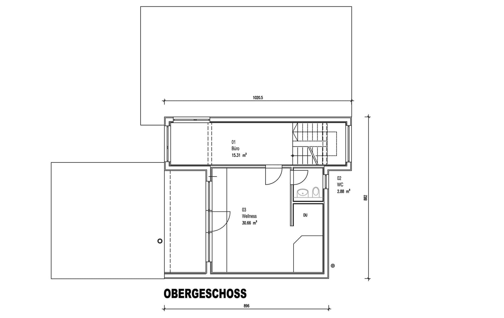 Der Grundriss des OGs des modernen Holzhauses im Bauhausstil mit drei Gebäudetrakten, zwei davon mit mineralischem Außenputz und Flachdach, einer mit Holzfassade aus Fichtenholzbohlen und Pultdach