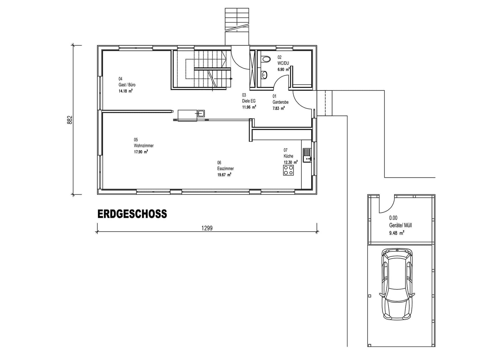 Der Grundriss des EGs des modernen Holzhauses mit Lärchenholzfassade und Fassadenplatten in anthrazit