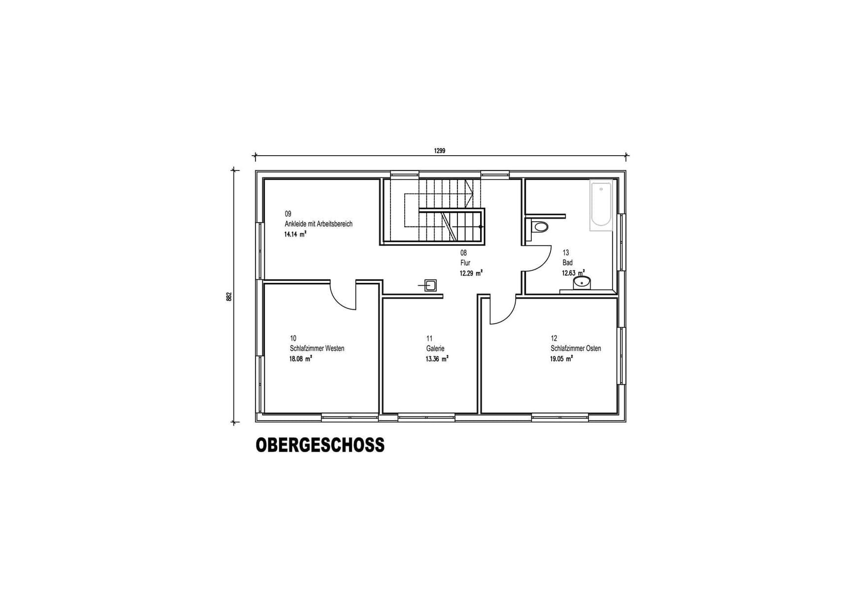 Der Grundriss des OGs des modernen Holzhauses mit Lärchenholzfassade und Fassadenplatten in anthrazit