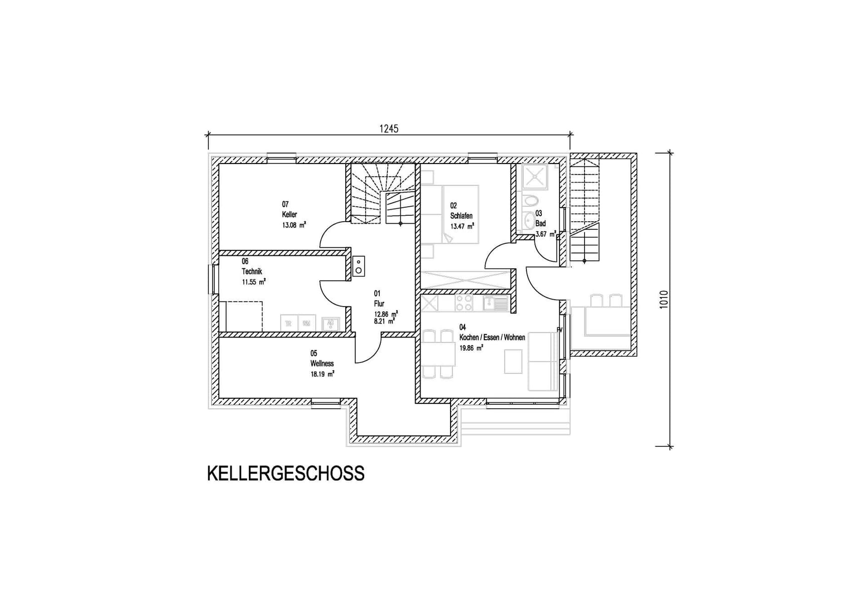 Der Grundriss des Kellers des modernen Holzhauses im Landhausstil mit durchgängiger Lärchenholzfassade und Holz-Alu-Fenstern