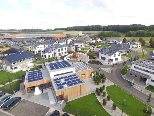 Luftaufnahme eines modernen Musterhausparks mit energieeffizienten Häusern, Solardächern, Wegen und Grünflächen.
