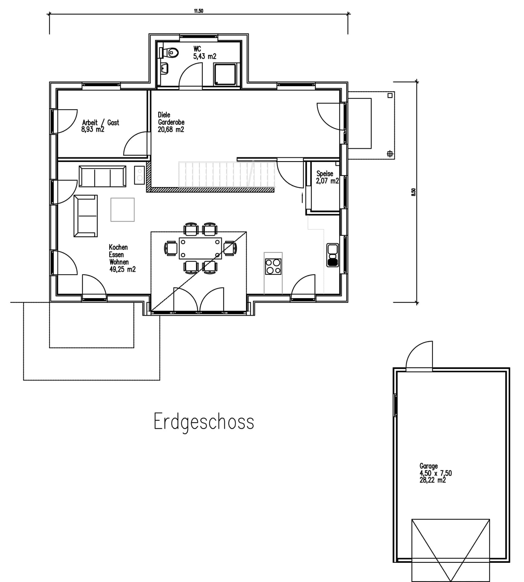 Der Grundriss des EGs des Holzhauses im Landhausstil mit Lärchenfassade, großer Glasfront und moderne Technik mit Eckbadewanne
