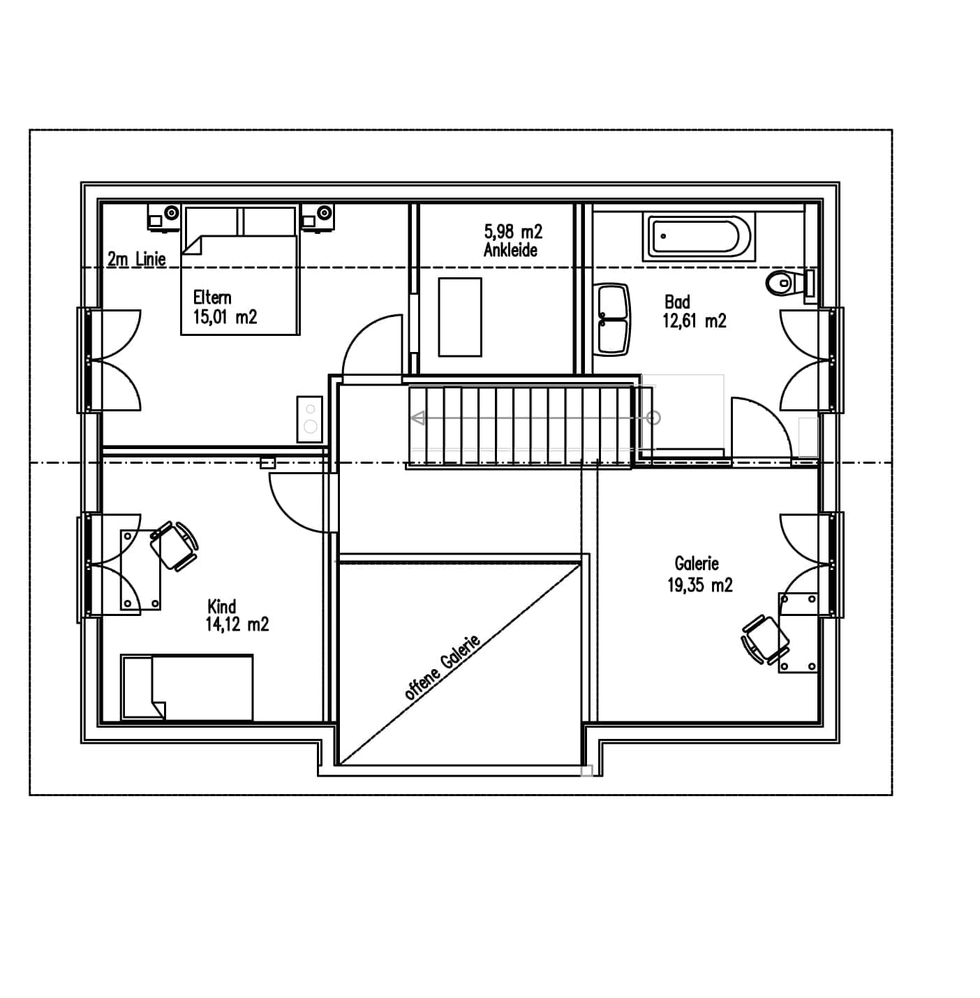 Der Grundriss des OGs des Holzhauses im Landhausstil mit Lärchenfassade, großer Glasfront und moderne Technik mit Eckbadewanne