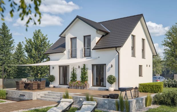 Einfamilienhaus von RENSCH-HAUS. CLOU 123 mit 3. Giebel. Terrassenansicht.