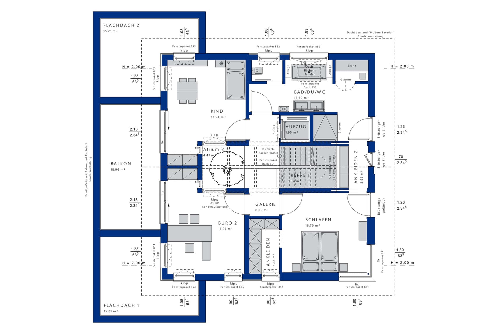Grundriss eines modernen Obergeschosses mit Schlafzimmer, Kinderzimmer, Büro, Bad, Galerie, Aufzug und Balkon.