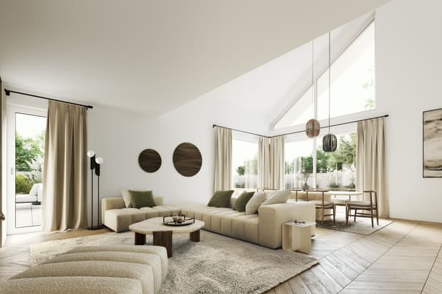 Helles Wohnzimmer mit offenem Essbereich