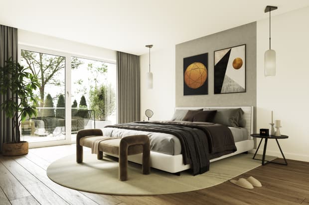 Heller Schlafzimmer mit bodentiefen Fenstern