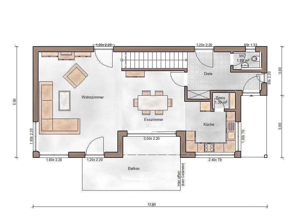 Der Grundriss des EGs des schmalen, modernen Holzhauses mit mineralischem Putz und Farbakzenten