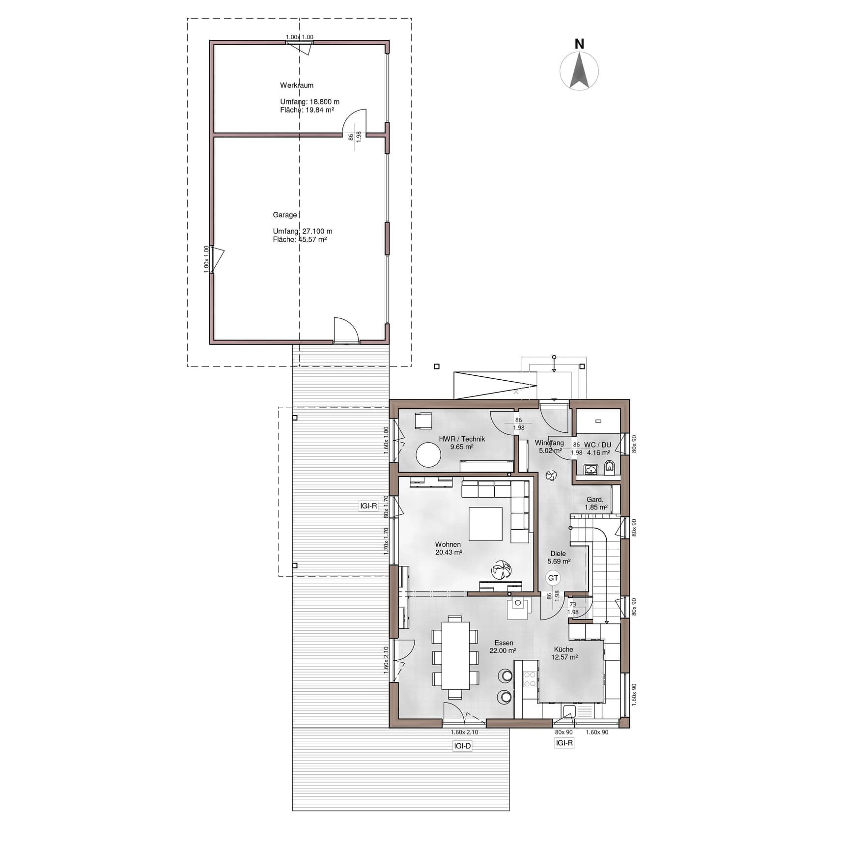 Der Grundriss des EGs des modernen Holzhauses im Landhausstil mit durchgängiger Lärchenholzfassade und großer Terrasse