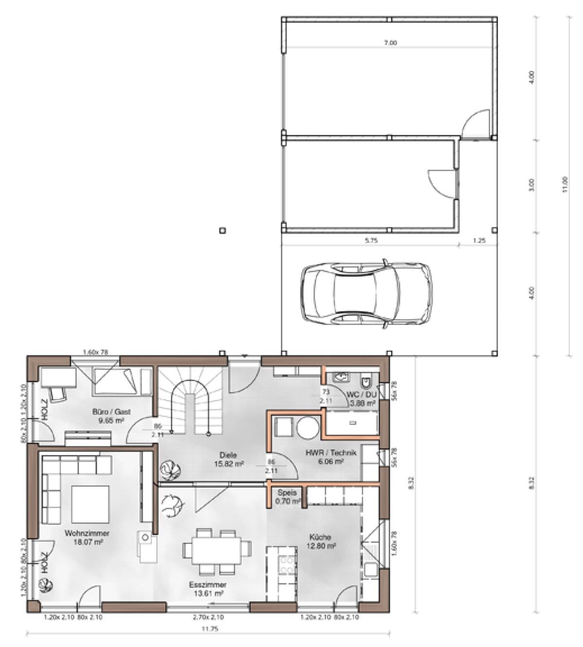 Der Grundriss des EGs des modernen Holzhauses im voralpenstil mit Mischfassade aus Lärchenholz und mineralischem Putz, Anbau mit Flachdach