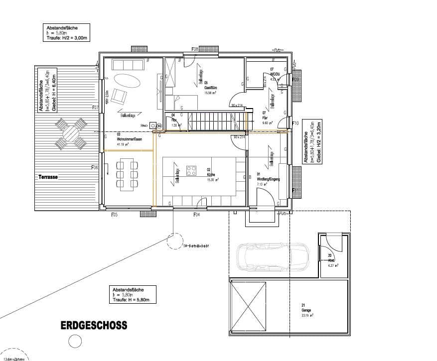 Der Grundriss des EGs des modernen Holzhauses im Landhausstil mit Mischfassade aus Holz und mineralischem Außenputz und vielen Glaselementen