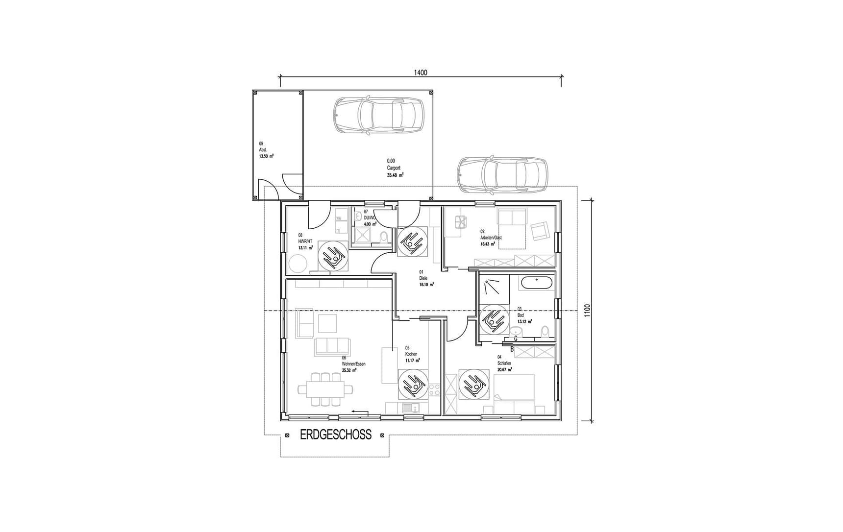 Der Grundriss des Bungalows aus Holz mit Putzfassade