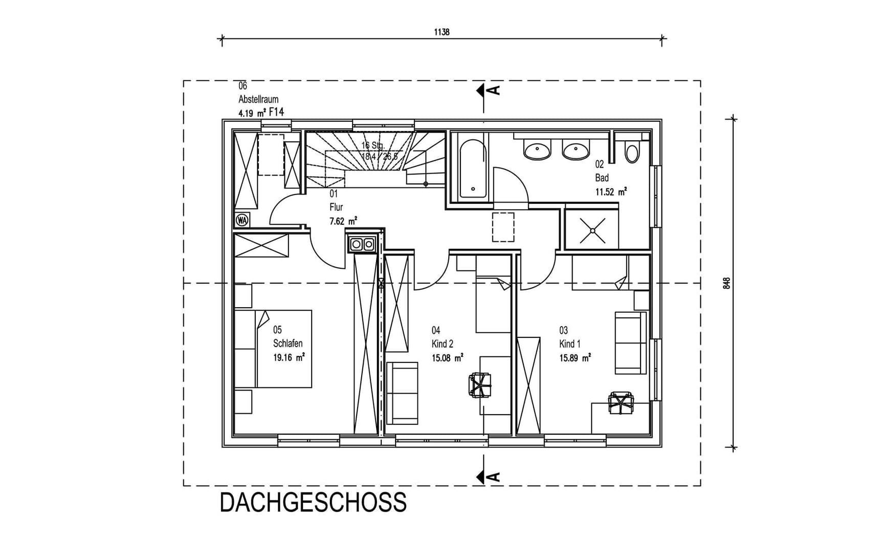 Der Grundriss des OGs des modernen Holzhauses im Landhausstil mit Mischfassade aus mineralischem Putz und Holz