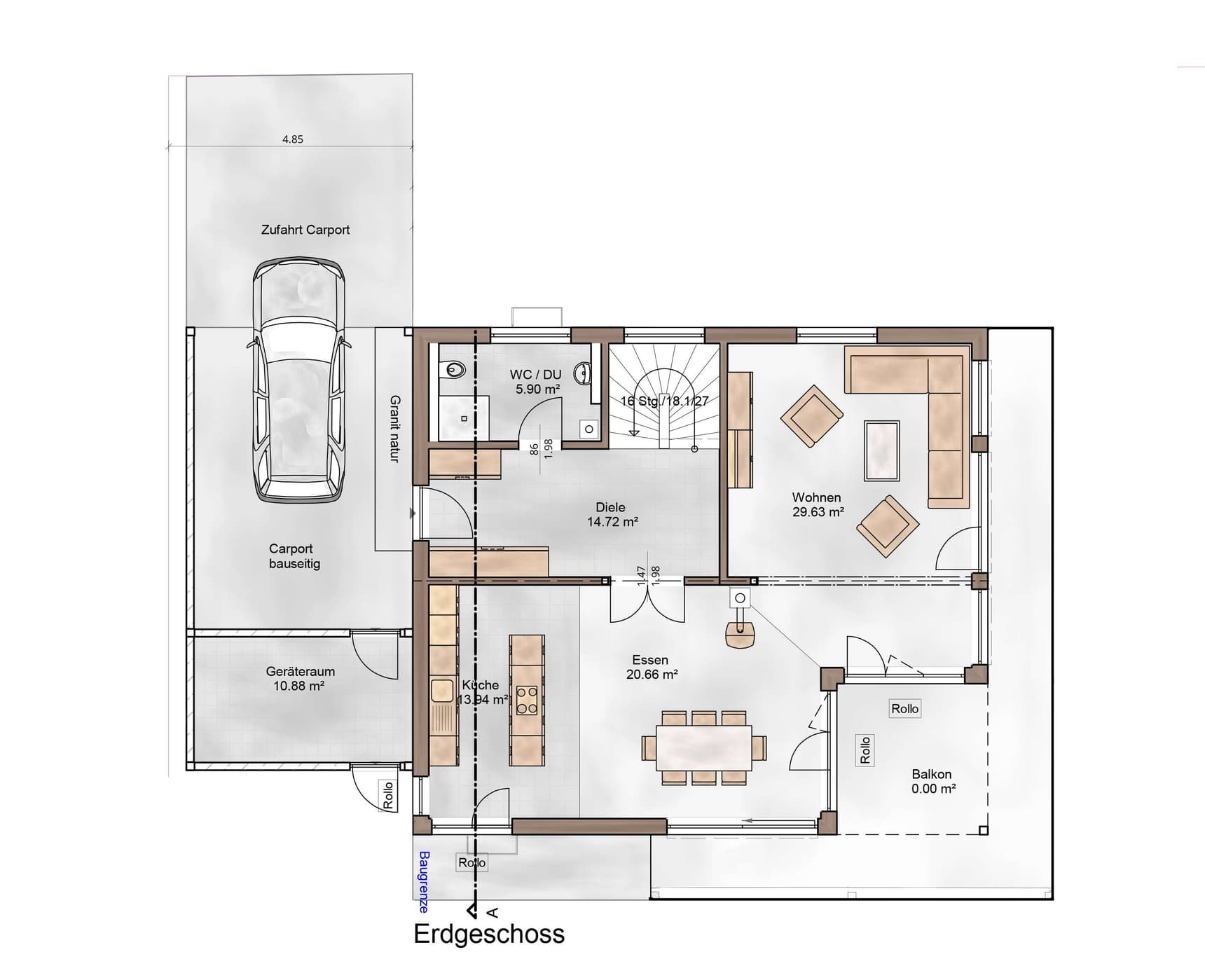 Der Grundriss des EGs des modernen Holzhauses im Landhausstil mit Holzfassade, Holz-Alu-Fenstern und großzügigen Balkonen