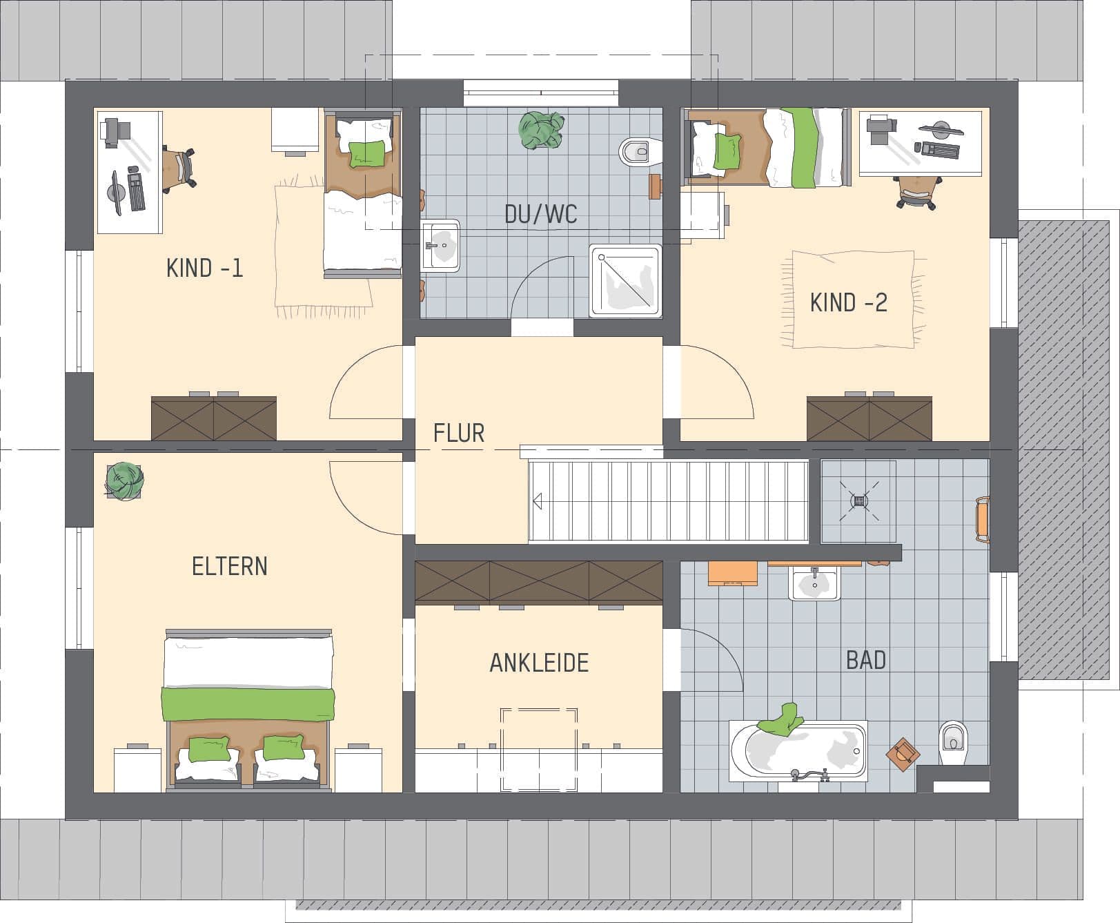 Grundriss eines Obergeschosses mit Elternschlafzimmer, Ankleide, zwei Kinderzimmern, Bad, Dusche und Flur.