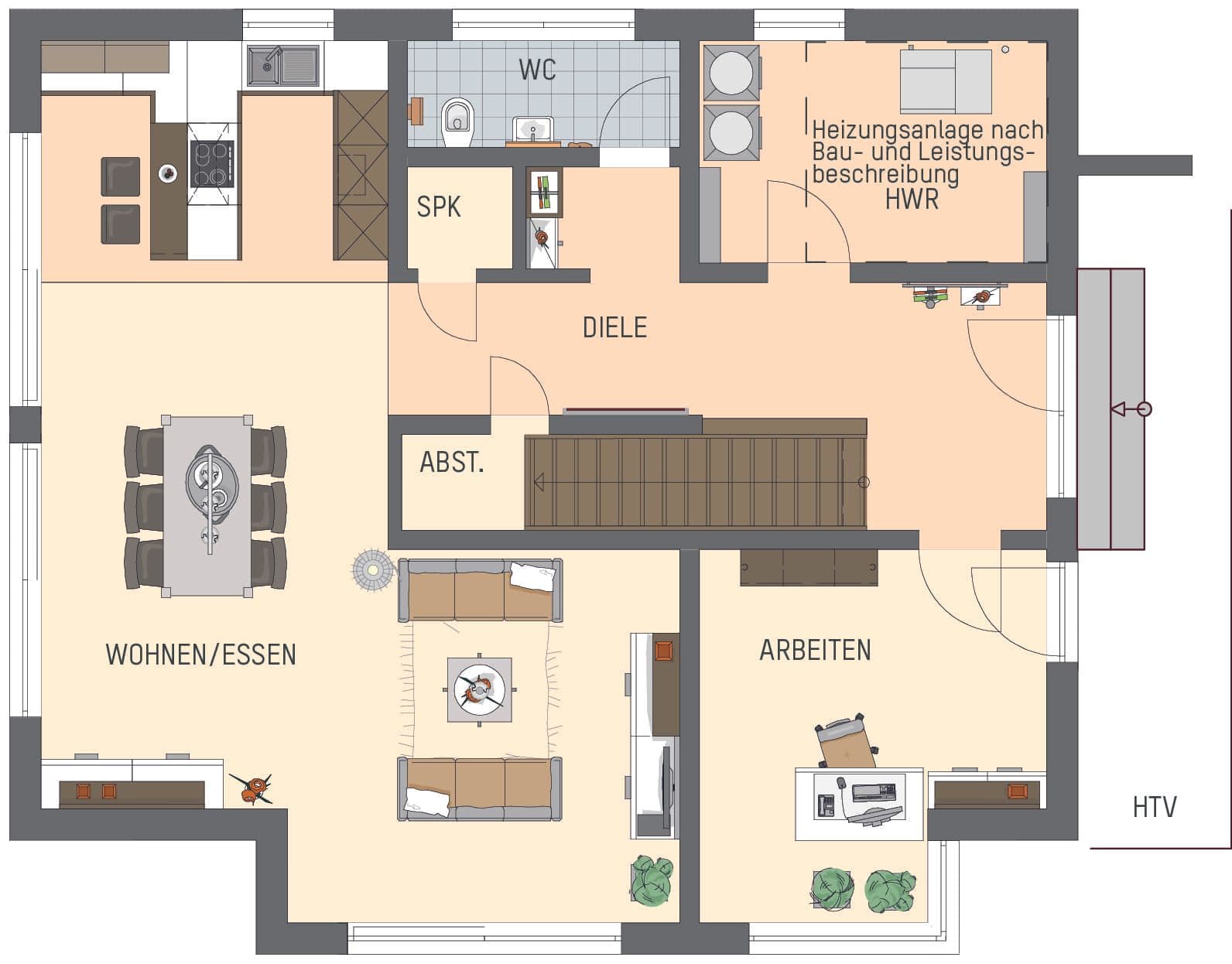 Grundriss eines modernen Erdgeschosses mit Wohn- und Essbereich, Küche, WC, Arbeitszimmer, Diele und Hauswirtschaftsraum.