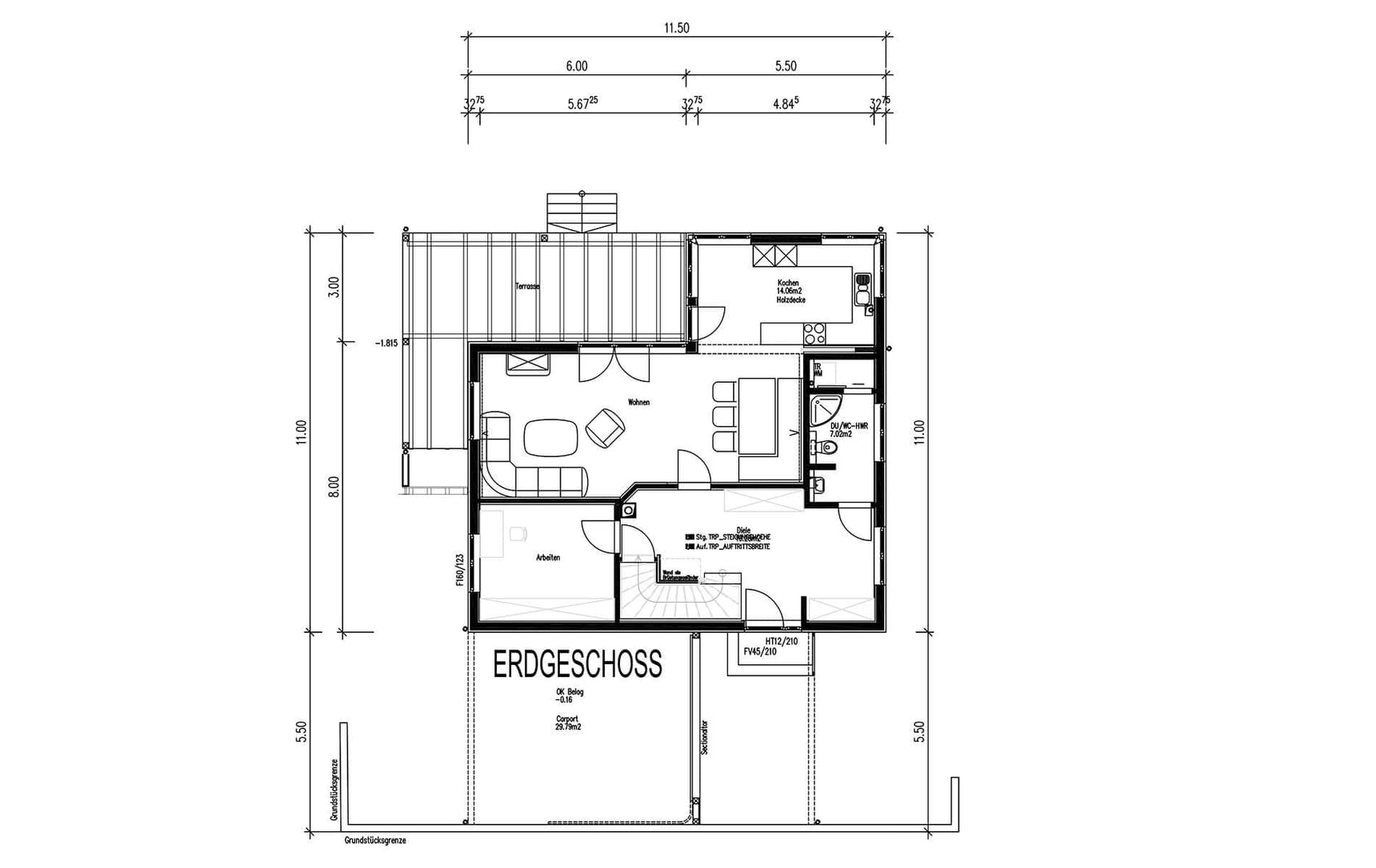 Der Grundriss des EGs des modernen Holzhauses im Landhausstil auf einem Hanggrundstück