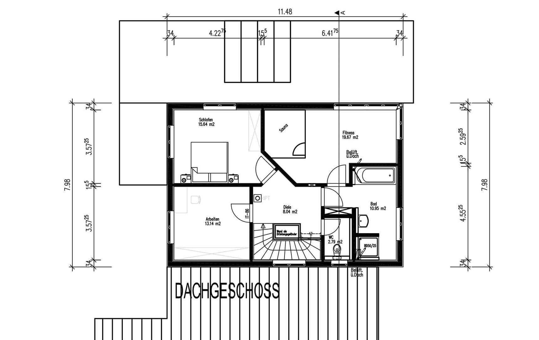 Der Grundriss des OGs des modernen Holzhauses im Landhausstil auf einem Hanggrundstück