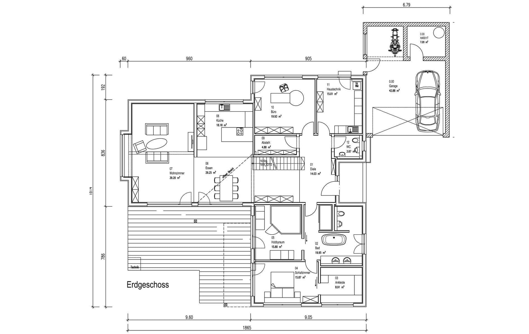 Der Grundriss des EGs des modernen Bungalows aus Holz im Bauhausstil mit mineralischem Außenputz 