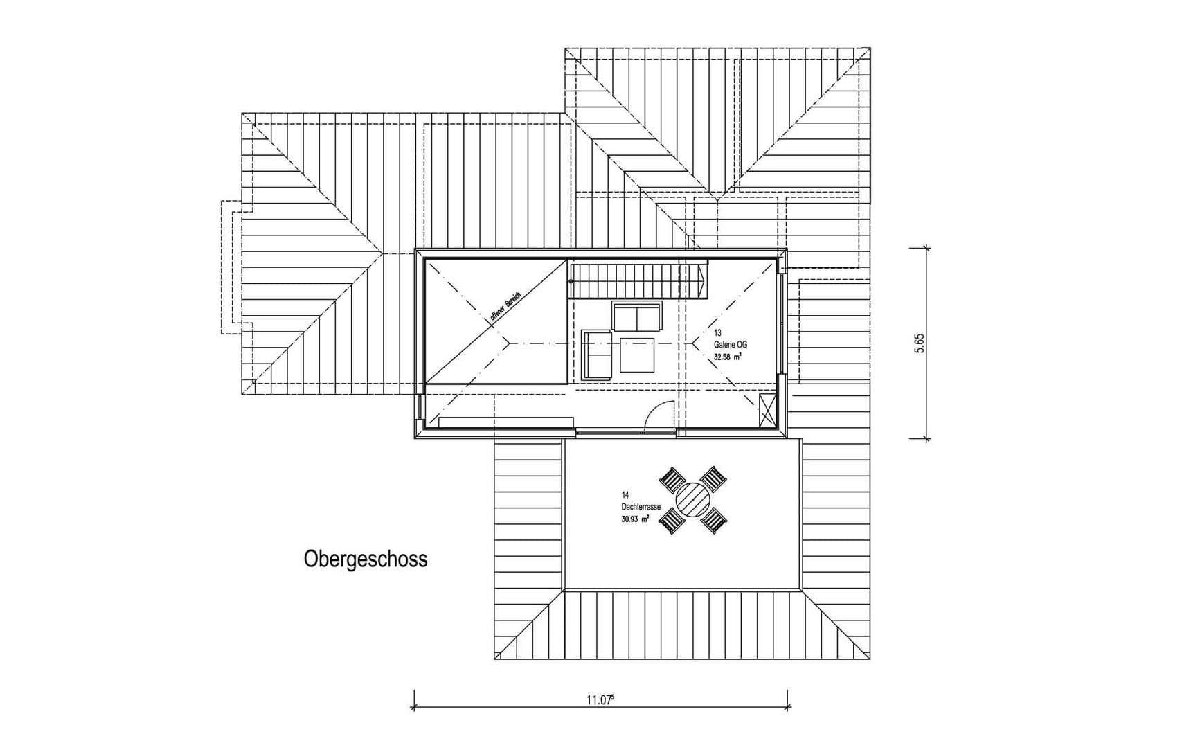 Der Grundriss der Galerie des modernen Bungalows aus Holz im Bauhausstil mit mineralischem Außenputz 