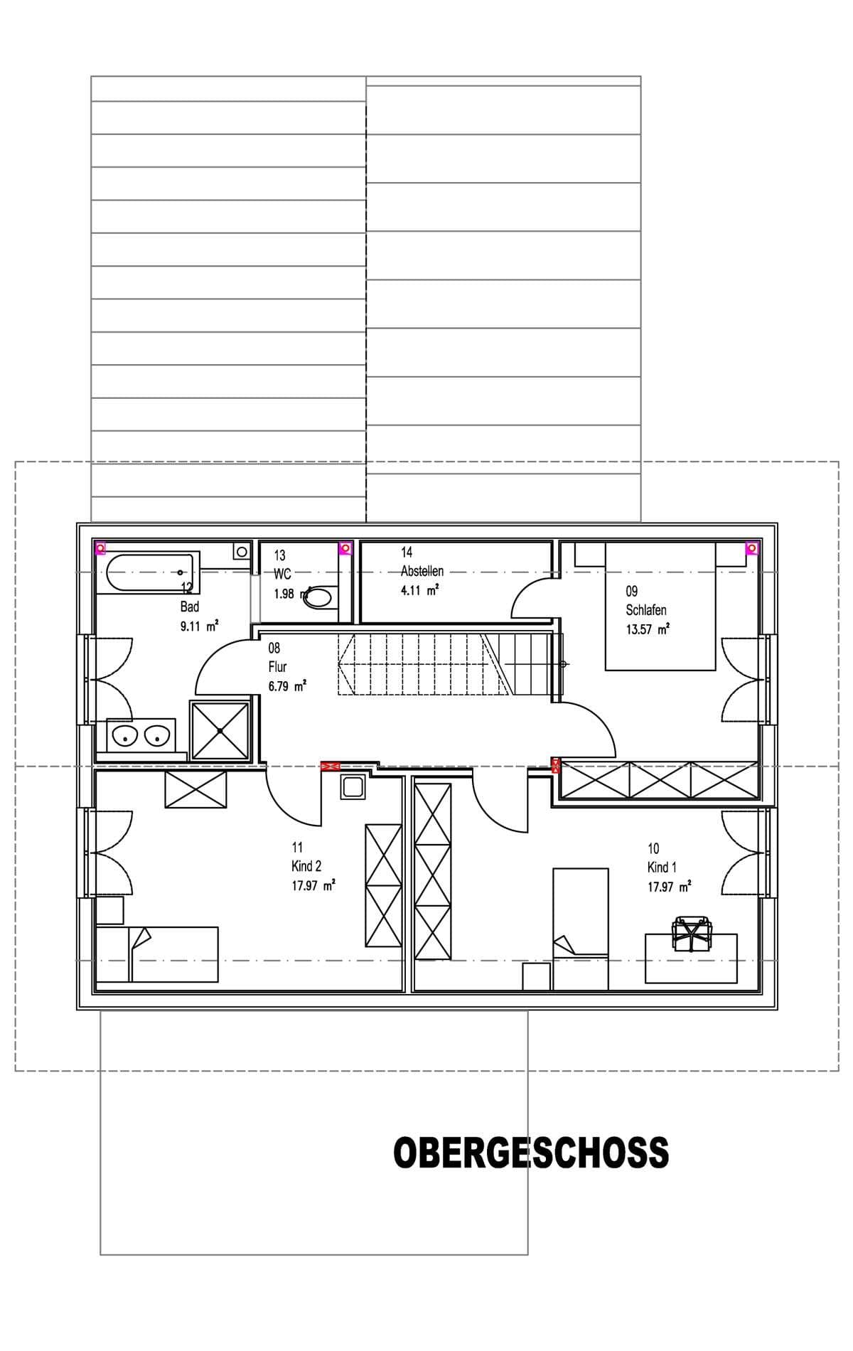Der Grundriss des OGs des traditionellen Holzhauses mit Mischfassade aus Lärchenholz und Putz, mit flachem Satteldach und hohem Kniestock