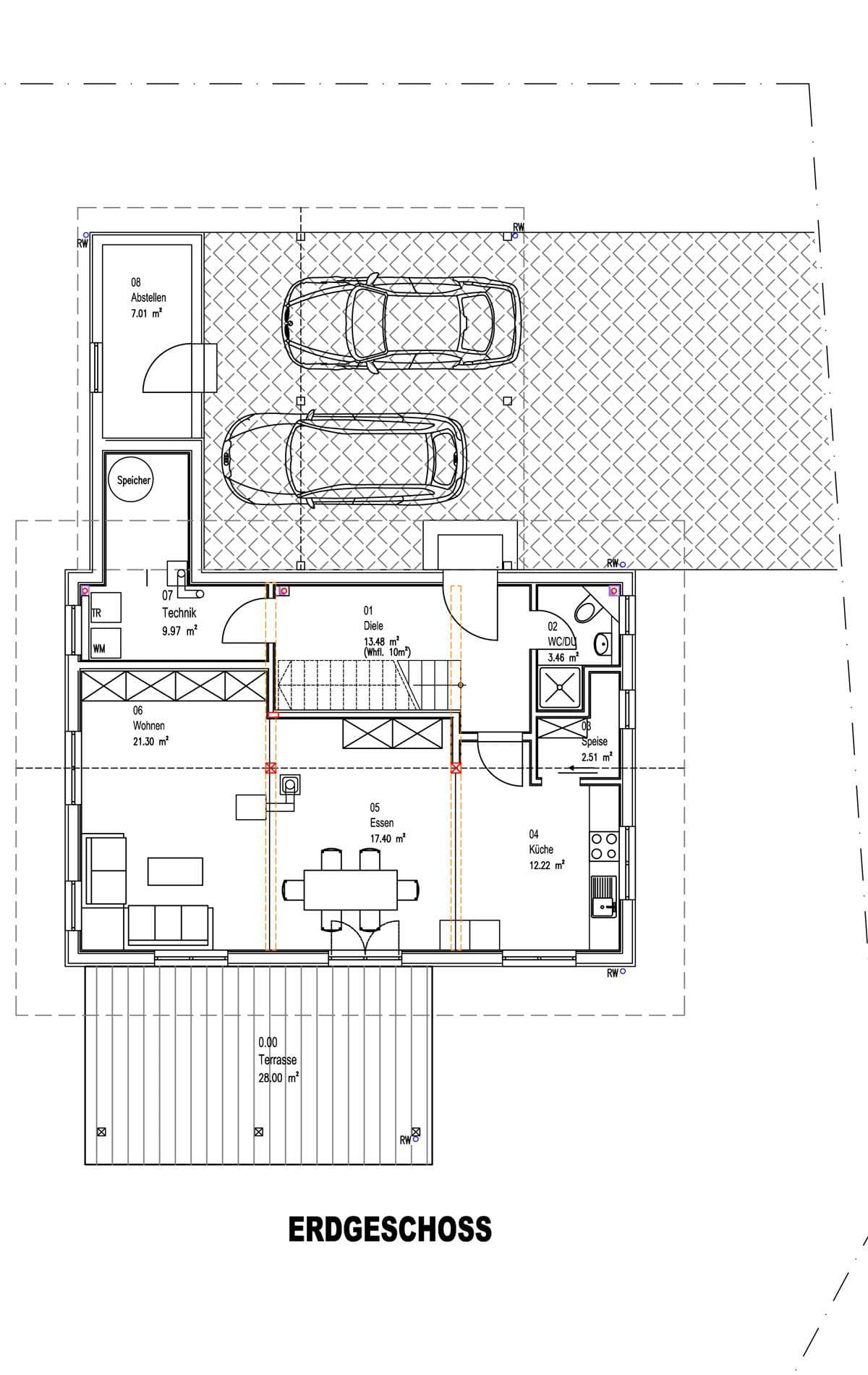 Der Grundriss des EGs des traditionellen Holzhauses mit Mischfassade aus Lärchenholz und Putz, mit flachem Satteldach und hohem Kniestock
