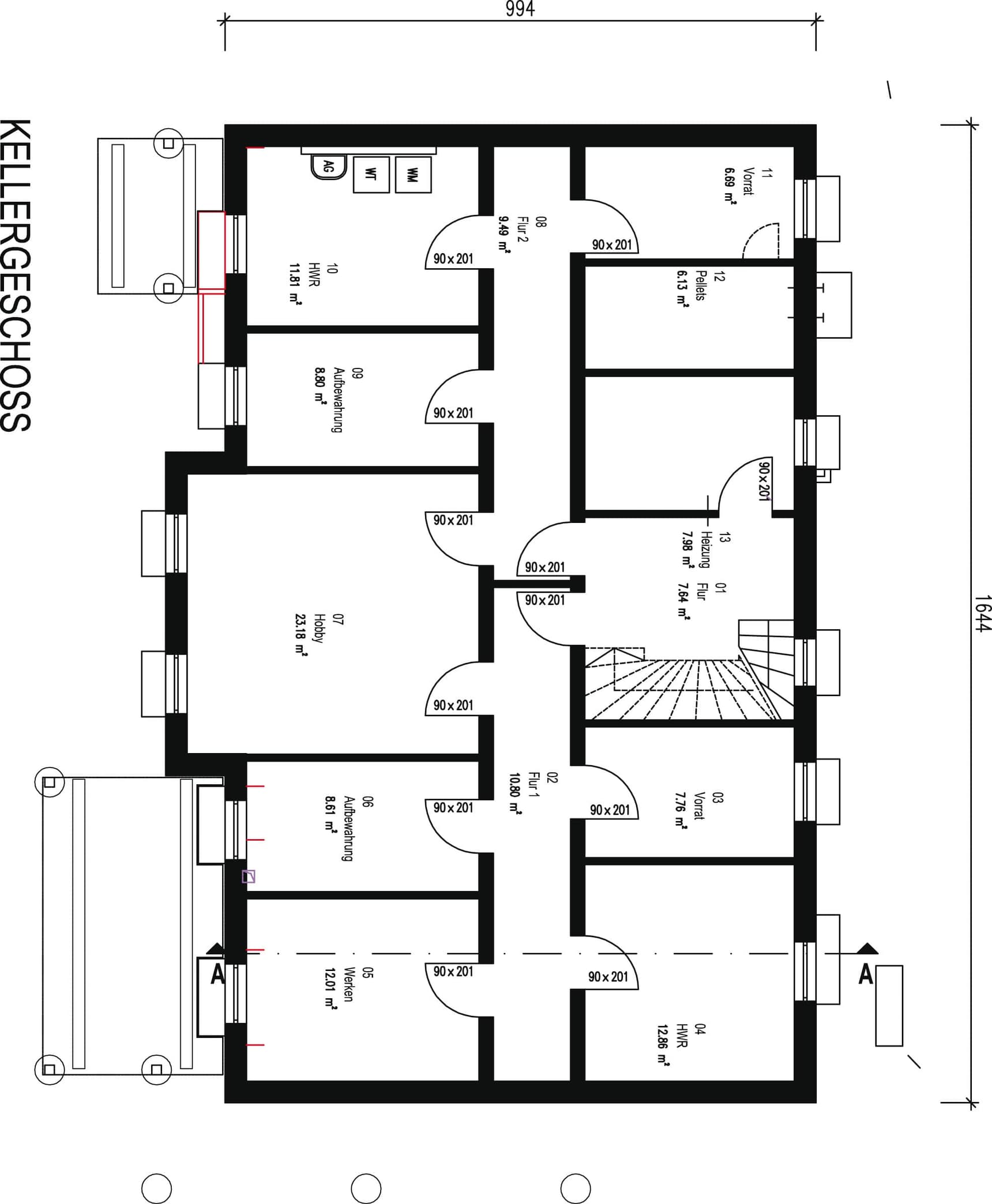 Der Grundriss des Kellers des modernes Zweifamilienhauses aus Holz mit Wintergarten