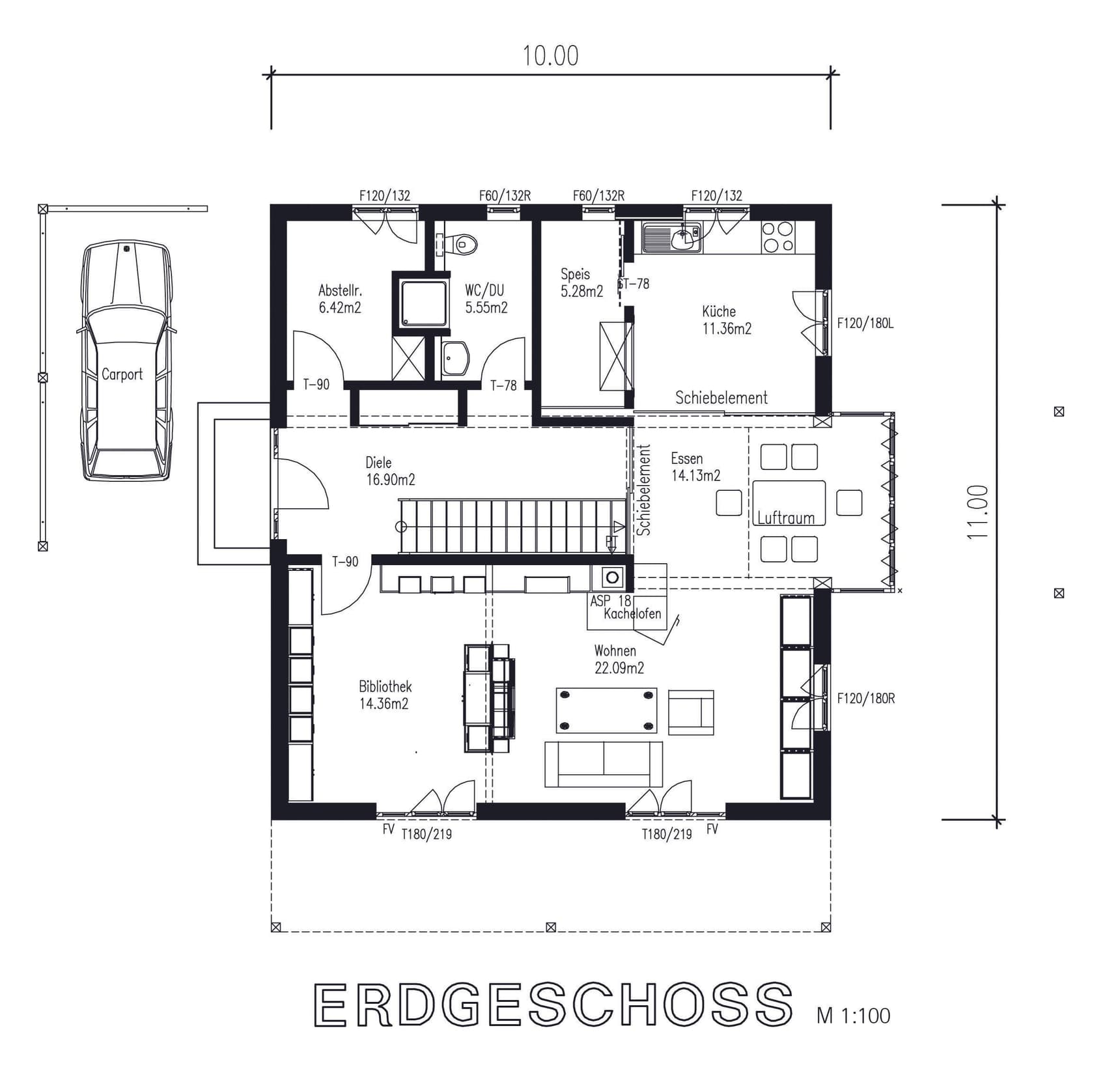 Der Grundriss des EGs des Holzhauses im Landhausstil mit geschickt eingesetzte Mischfassade aus mineralischem Außenputz und Lärchenholz und Schiebläden, die elektrisch verstellbar sind