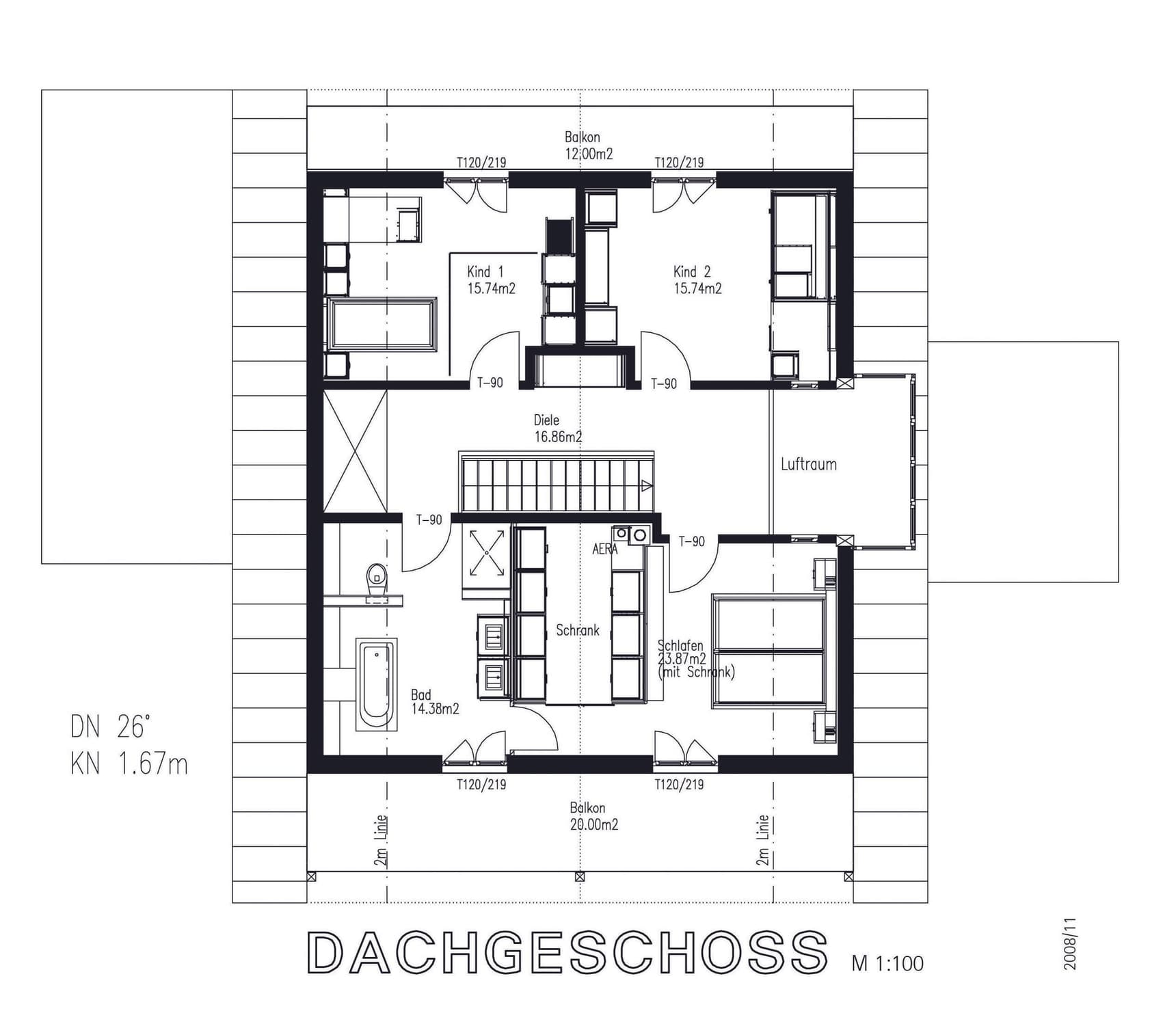 Der Grundriss des OGs des Holzhauses im Landhausstil mit geschickt eingesetzte Mischfassade aus mineralischem Außenputz und Lärchenholz und Schiebläden, die elektrisch verstellbar sind