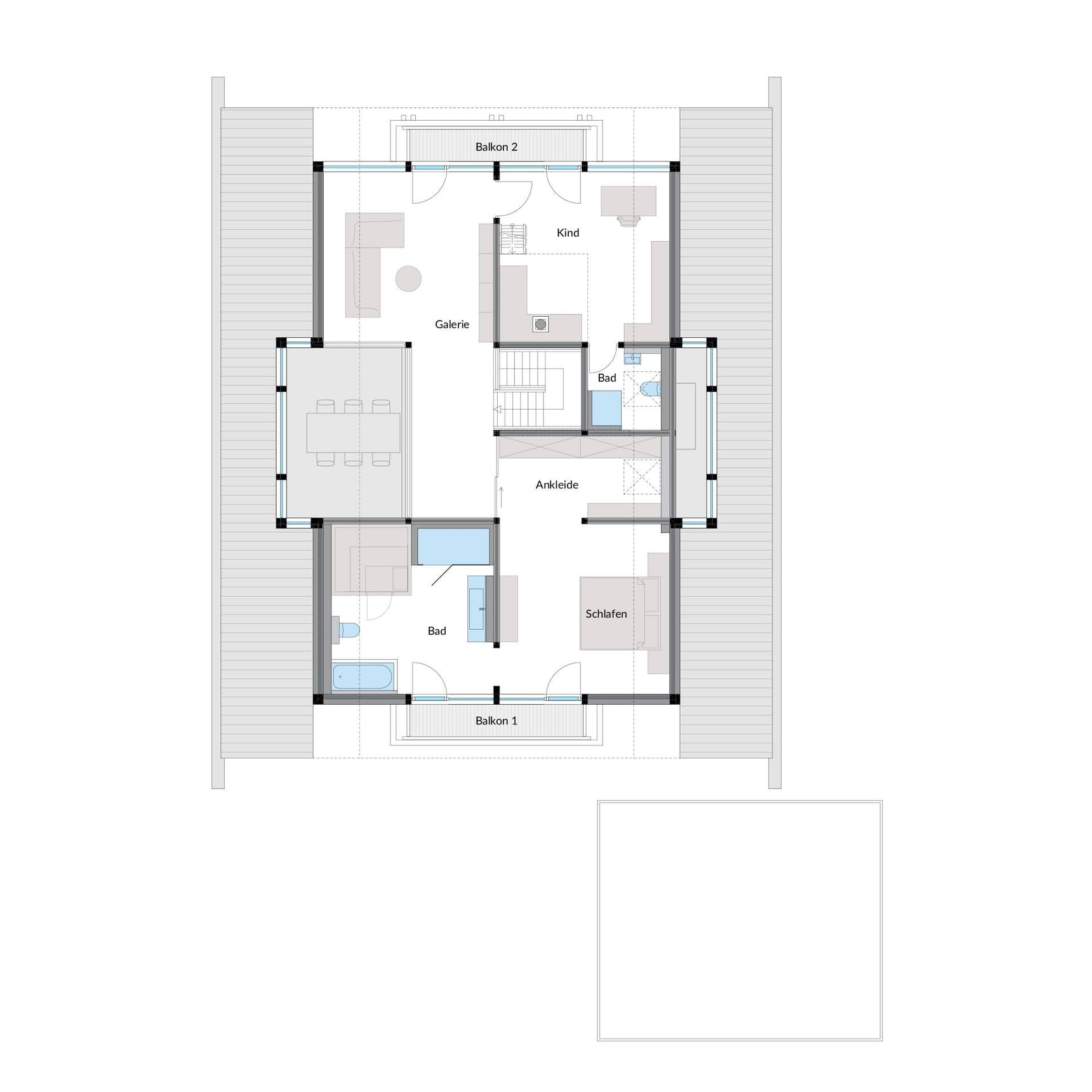 Grundriss Dachgeschoss HUF HAUS Musterhaus Nürnberg mit Schlafzimmer, Kinderzimmer, Galerie, zwei Bädern und Balkonen