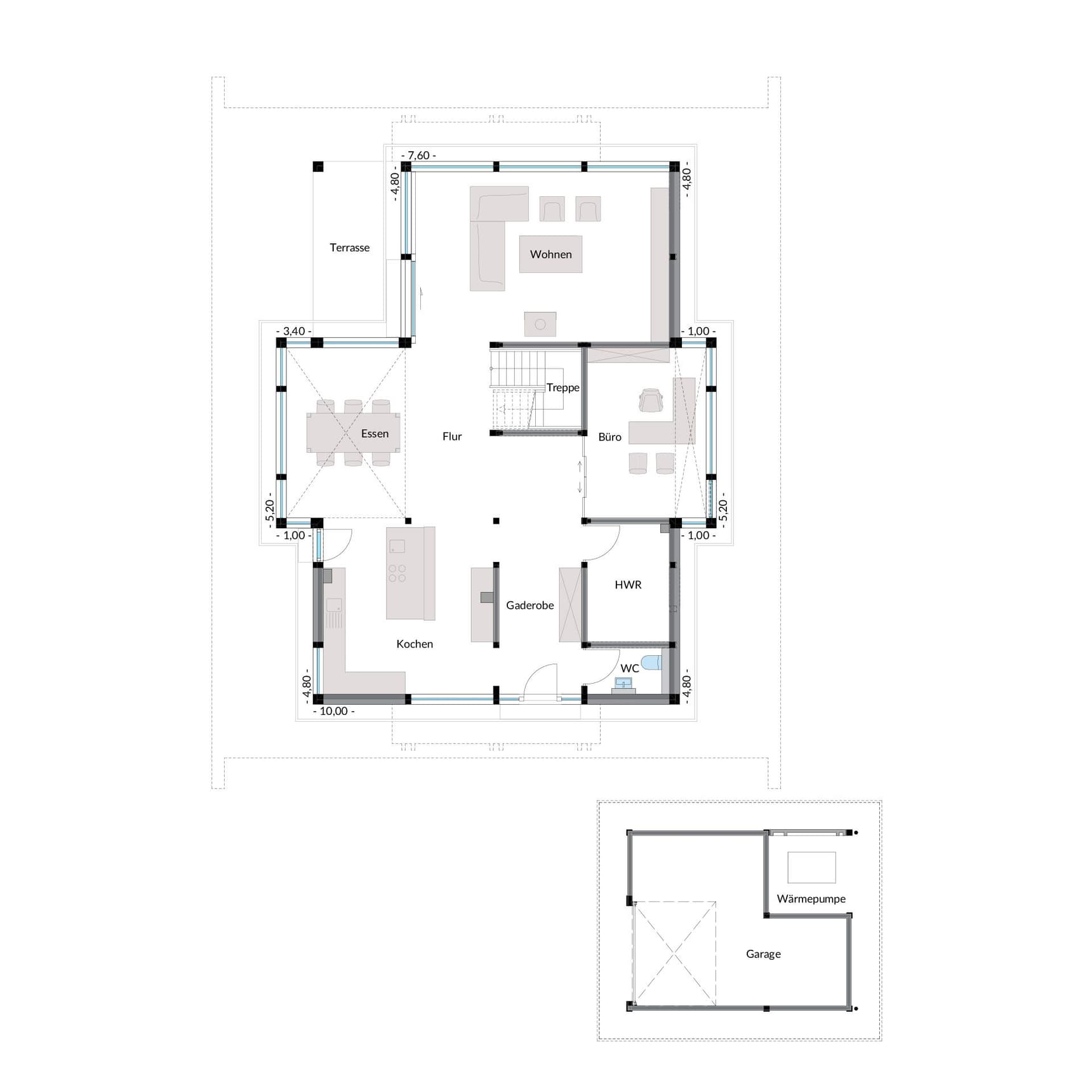 Grundriss Erdgeschoss HUF HAUS Musterhaus Nürnberg mit Wohnbereich, Küche, Büro, Terrasse und separater Garage