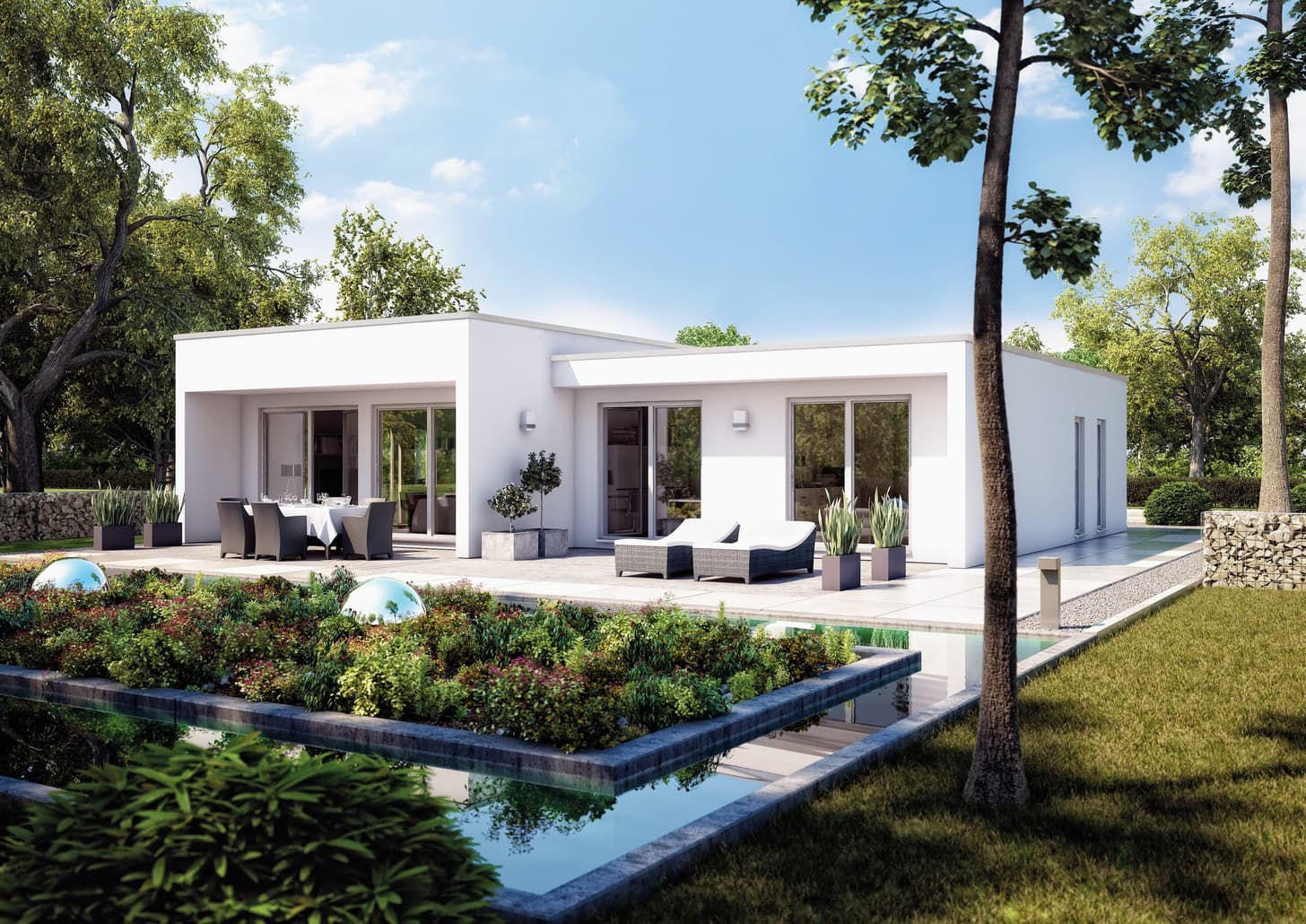 NORDHAUS - Moderner Bungalow mit Flachdach und großen Fensterflächen | Einfamilienhaus EFH B-119 | Hausbau made im Bergischen