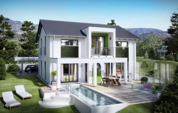 Einfamilienhaus von RENSCH-HAUS. Innovation R 140_2_V18. Terrassenansicht.