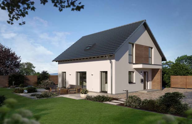 Modernes Einfamilienhaus mit weißer Fassade, grauem Satteldach und Holzverkleidung in gepflegtem Garten bei sonnigem Wetter