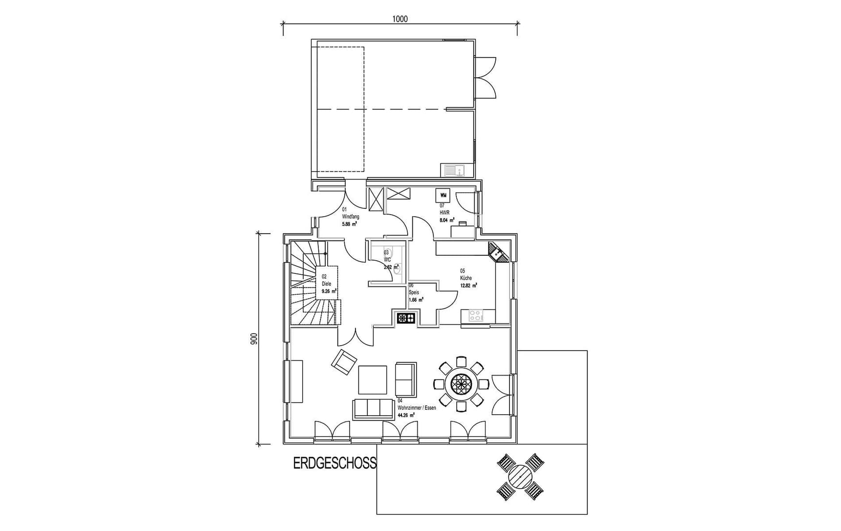 Der Grundriss des EGs des modernen Holzhauses in barockem Stil mit Masard-Walmdach und mineralischem Außenputz