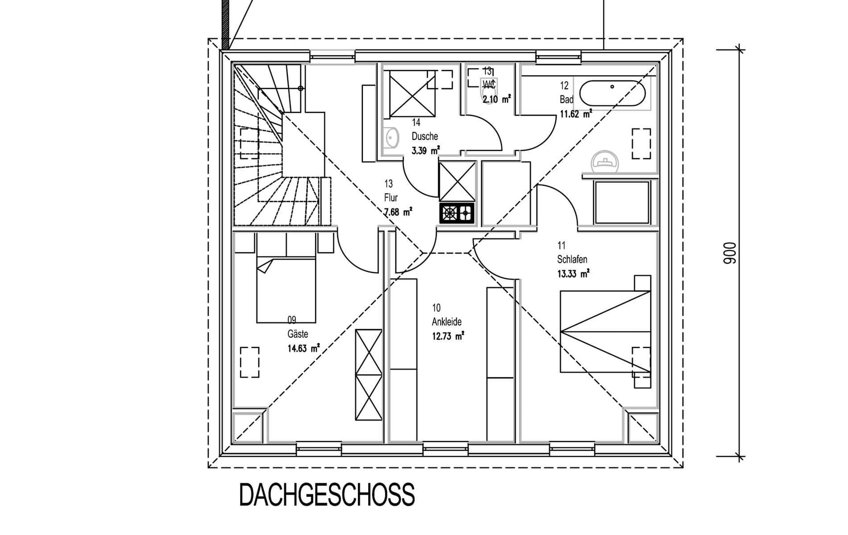 Der Grundriss des OGs des modernen Holzhauses in barockem Stil mit Masard-Walmdach und mineralischem Außenputz