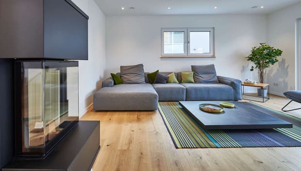 Modernes Wohnzimmer mit grauem Sofa, Kamin, Holzboden, Couchtisch, Teppich in Blaugrün und großer Zimmerpflanze.