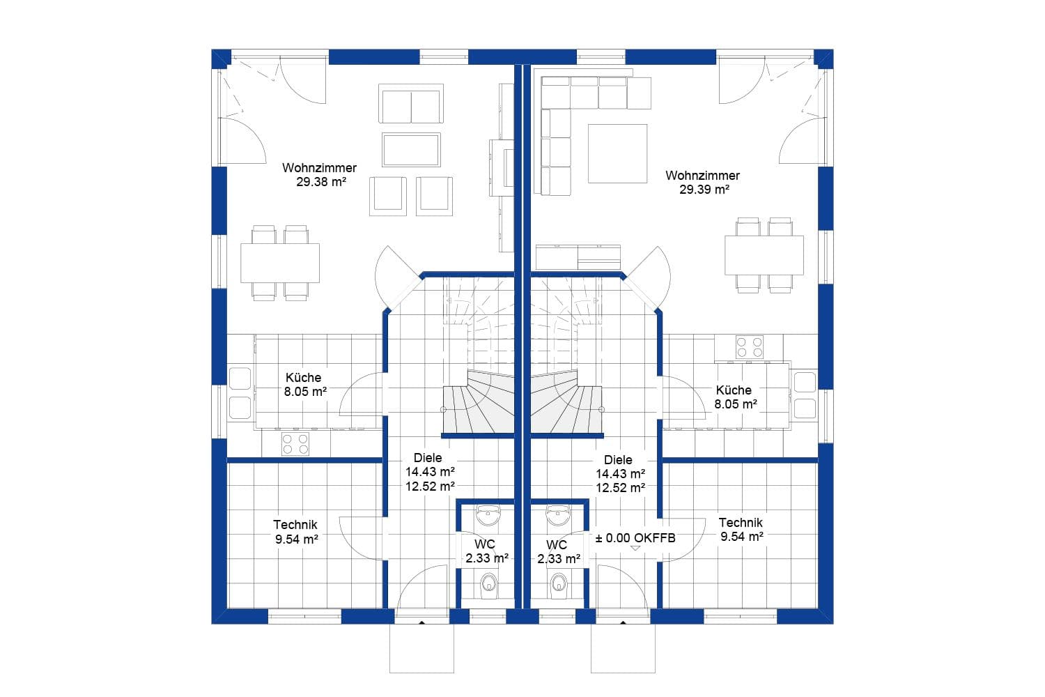 NORDHAUS | Grundriss Erdgeschoss Doppelhaus DH 118 | Hausbau made im Bergischen