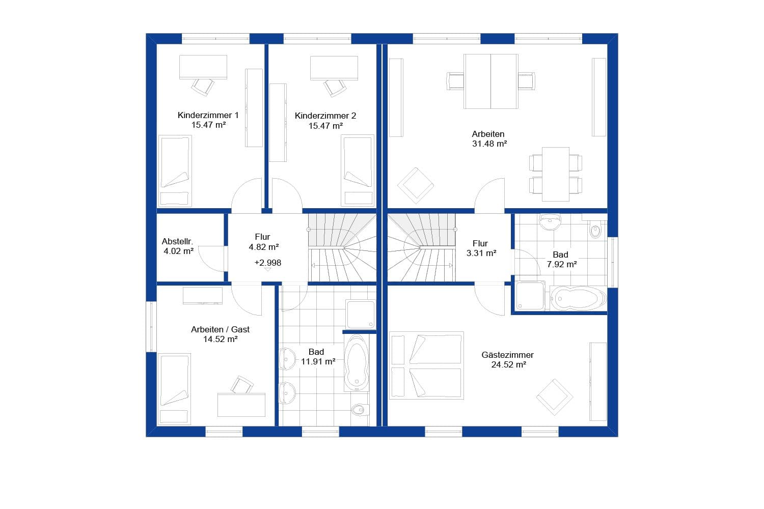 NORDHAUS | Grundriss Obergeschoss Doppelhaus DH 187 | Hausbau made im Bergischen
