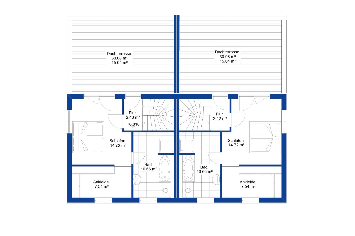 NORDHAUS | Grundriss zweites Obergeschoss Doppelhaus DH 187 | Hausbau made im Bergischen
