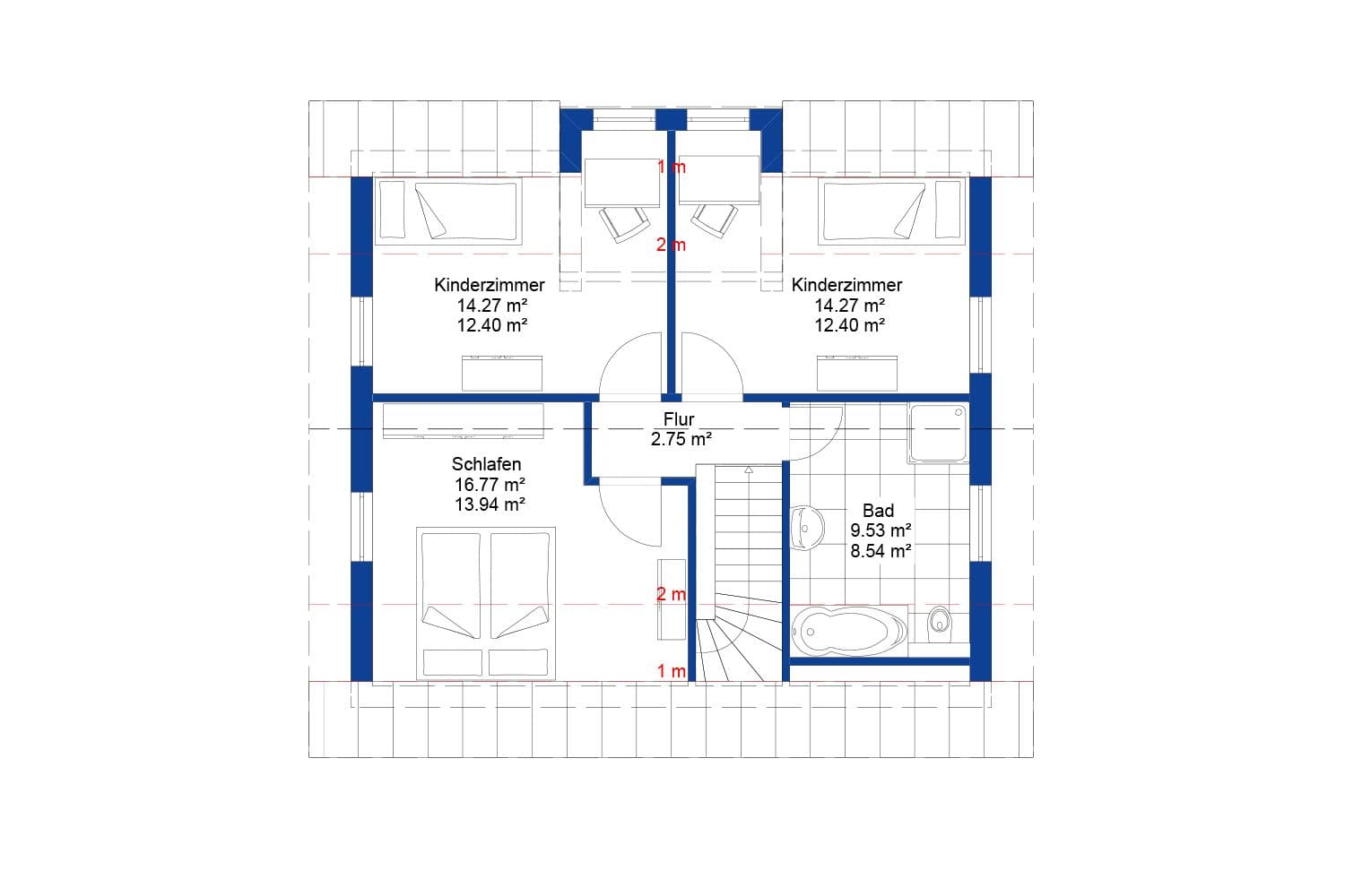 NORDHAUS | Grundriss Obergeschoss Einfamilienhaus EFH K-121 | Hausbau made im Bergischen