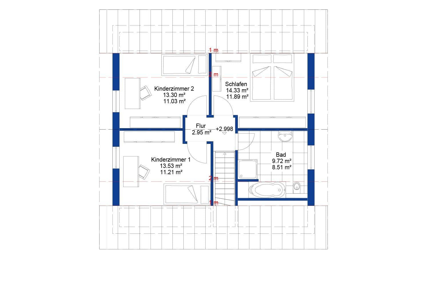 NORDHAUS | Grundriss Obergeschoss Einfamilienhaus EFH K-128 | Hausbau made im Bergischen