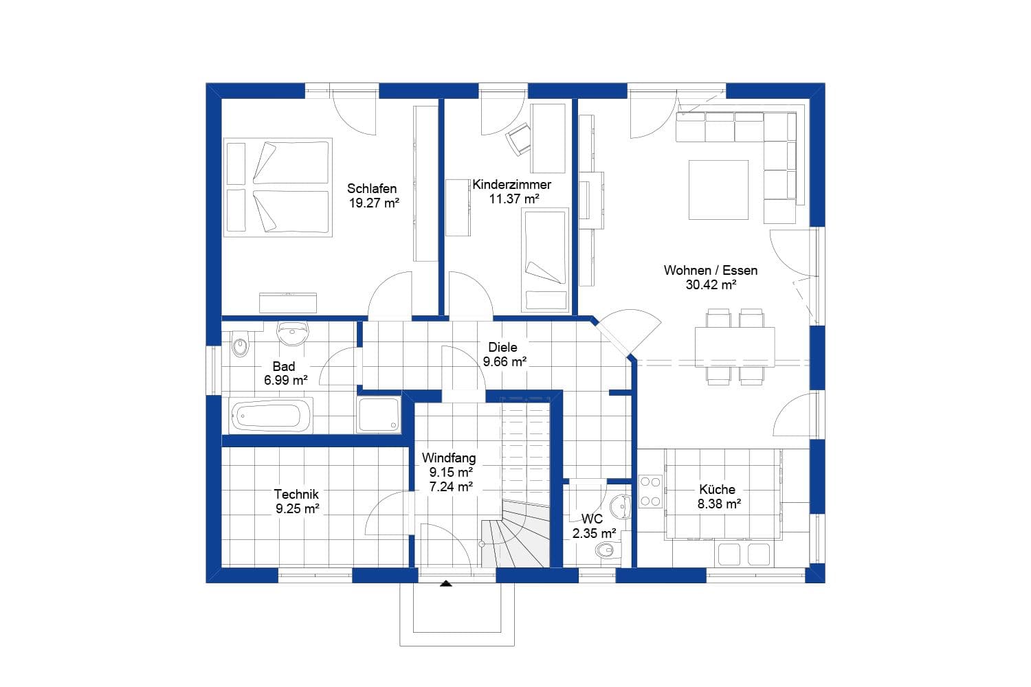 NORDHAUS | Grundriss Erdgeschoss Zweifamilienhaus ZFH 201 | Hausbau made im Bergischen