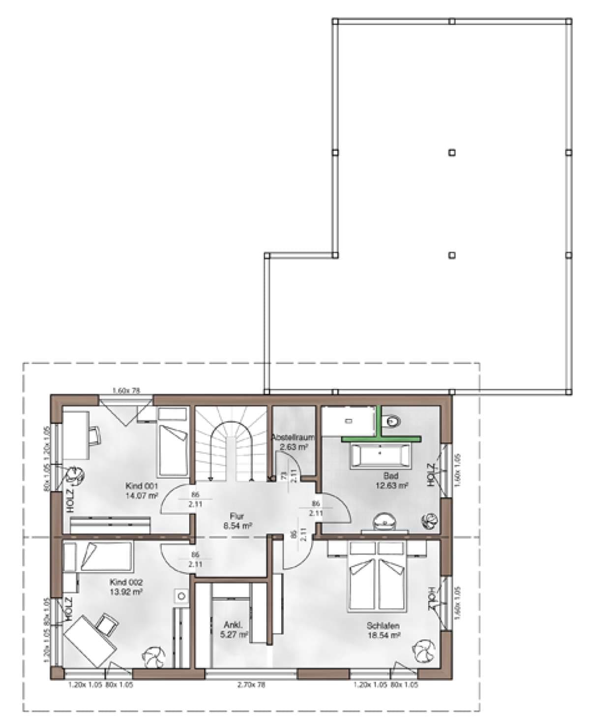 Der Grundriss des OGs des modernen Holzhauses im voralpenstil mit Mischfassade aus Lärchenholz und mineralischem Putz, Anbau mit Flachdach