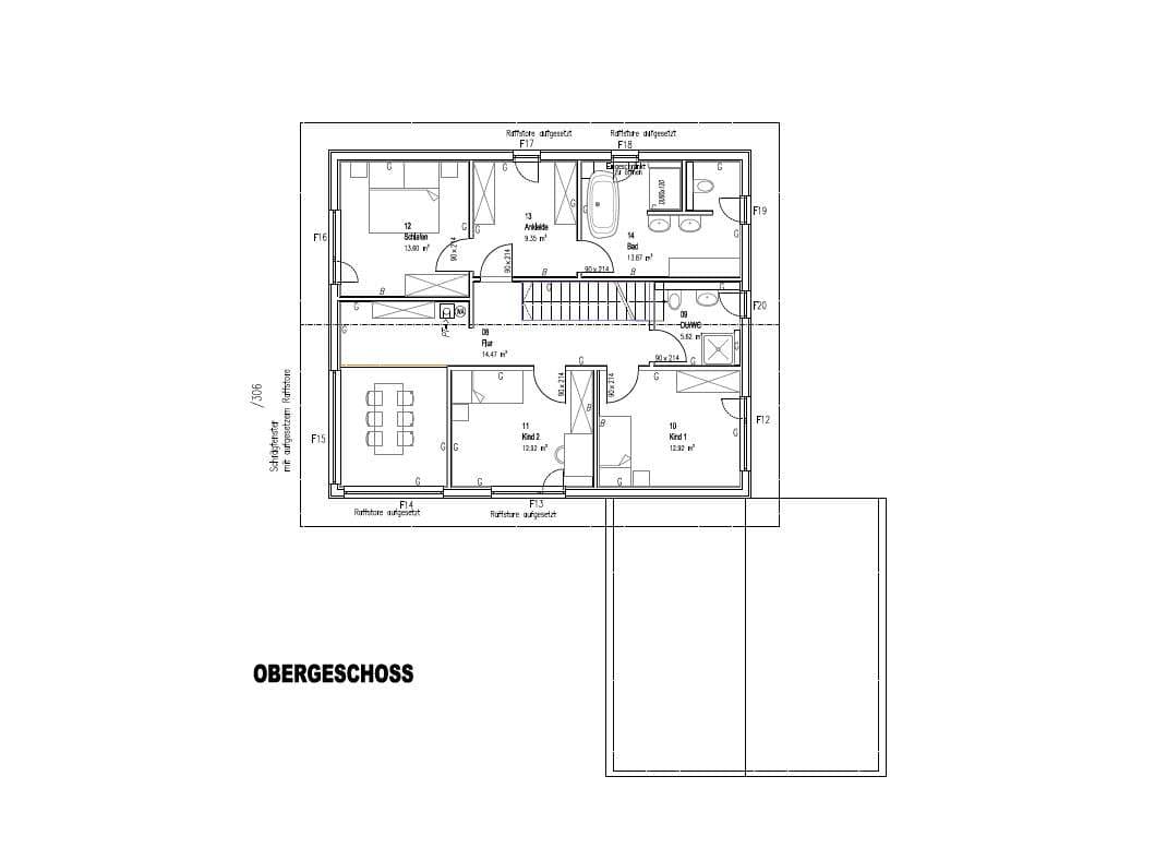 Der Grundriss des OGs des modernen Holzhauses im Landhausstil mit Mischfassade aus Holz und mineralischem Außenputz und vielen Glaselementen