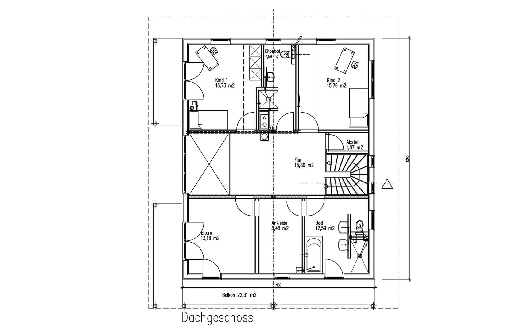 Der Grundriss des OGs des modernen Holzhauses mit umlaufendem Balkon und Mischfassade aus Holz und Putz