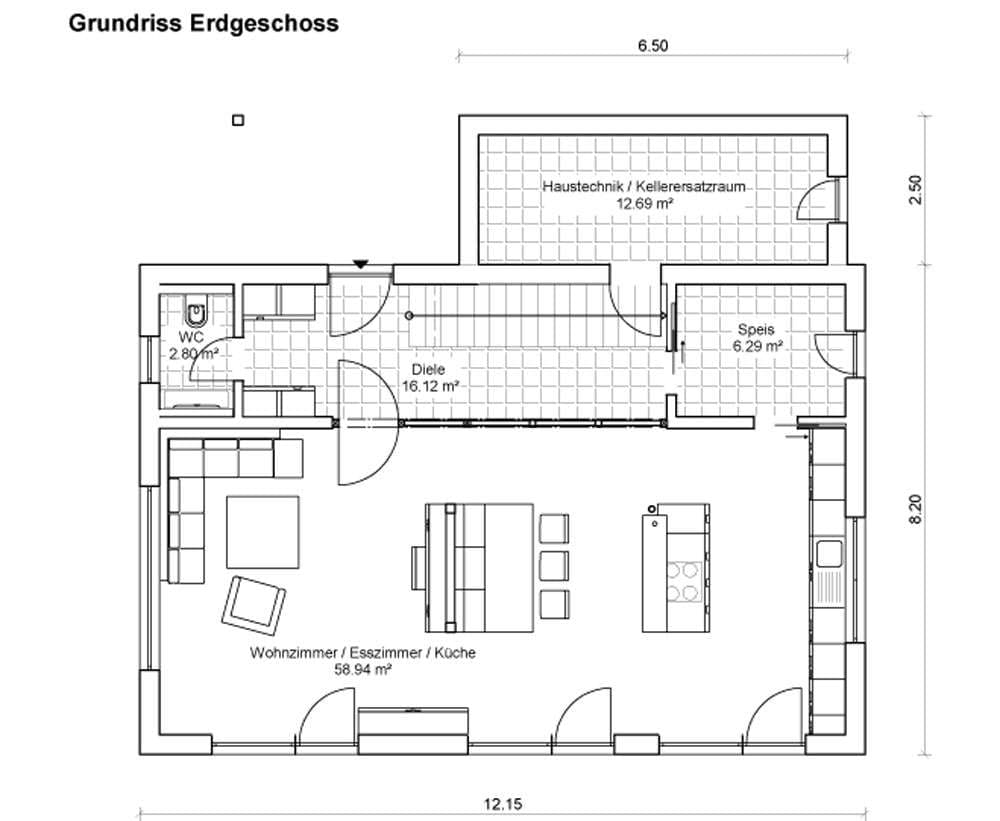 Musterhauspark Sonnleitner Ortenburg, Casa Vita, Holzhaus mit Mischfassade auf mineralischem Putz und Lärchenholz, Diele, Grundriss EG
